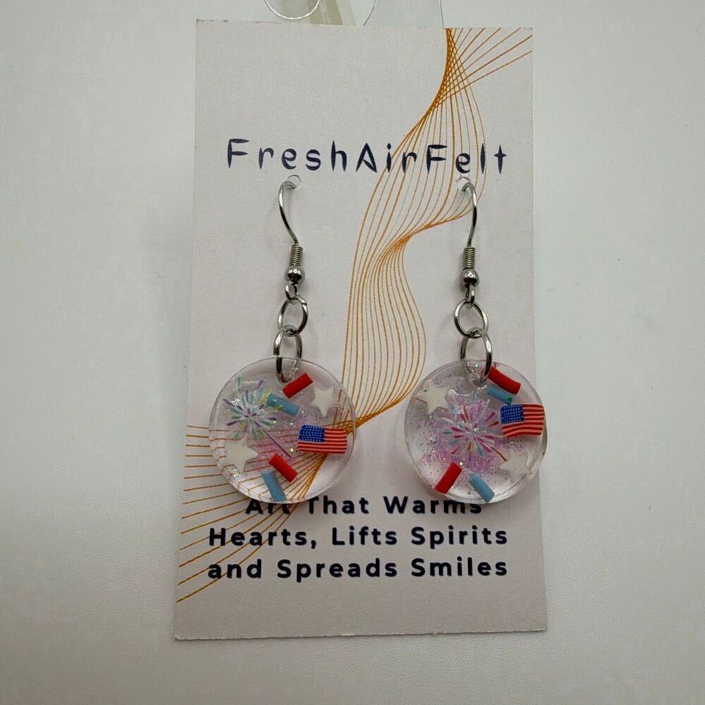 USA 4th of July fireworks Unique hand crafted Resin Stainless drop steel earring